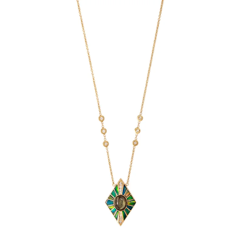 Women's eco-friendly necklaces-PAVE LABRADORITE + GREEN OPAL INLAY KITE NECKLACE