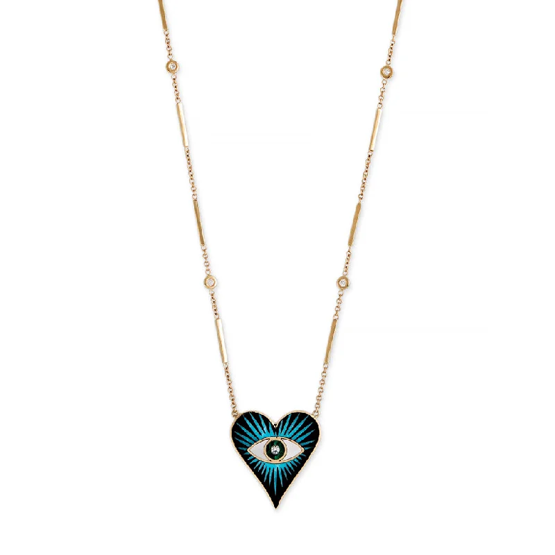 Women's vintage-inspired necklaces-SMALL ONYX TURQUOISE MALACHITE INLAY EYE BURST HEART NECKLACE