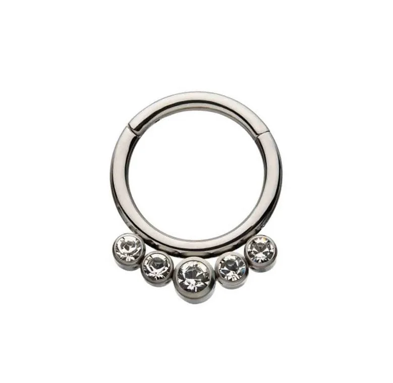 Women's Buddha rings-Titanium High Polish CZ Jewelled Hinged Ring - TI-104