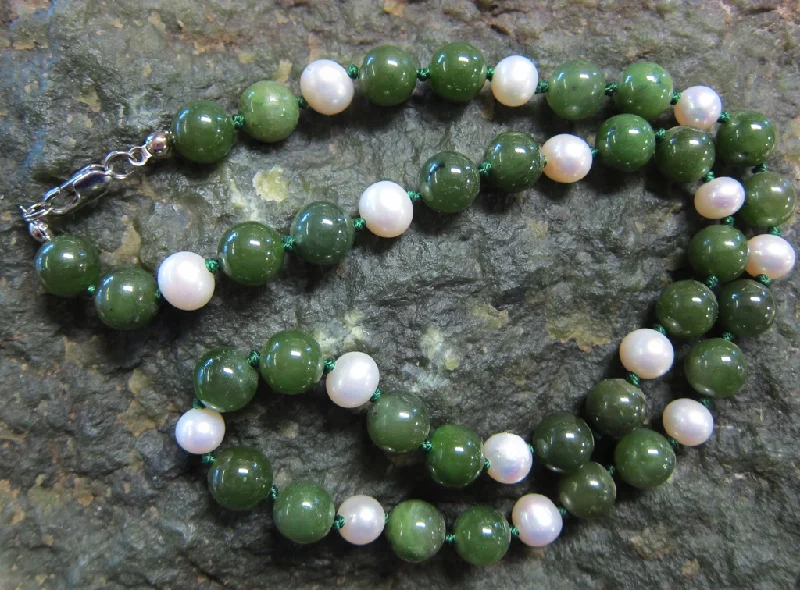 Women's stainless steel necklaces-Jade and Pearl beaded necklace, 20”