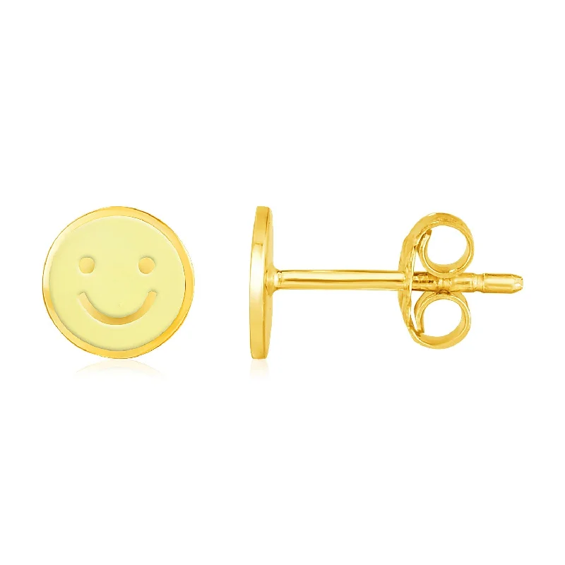 Women's K gold earrings-14k Yellow Gold and Enamel Yellow Smiley Face Stud Earrings