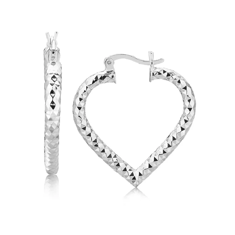 Women's cross earrings-Sterling Silver Rhodium Plated Heart Style Hoop Diamond Cut Earrings(3x22mm)