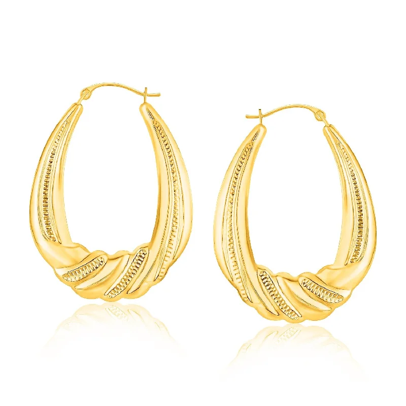 Women's bohemian earrings-14k Yellow Gold Graduated Textured Oval Hoop Earrings