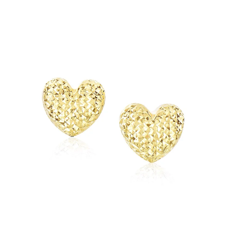 Women's crystal earrings-14k Yellow Gold Puffed Heart Earrings with Diamond Cuts