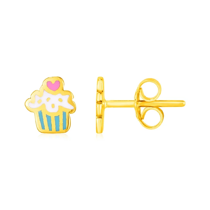 Women's hypoallergenic earrings-14k Yellow Gold and Enamel Cupcake Stud Earrings