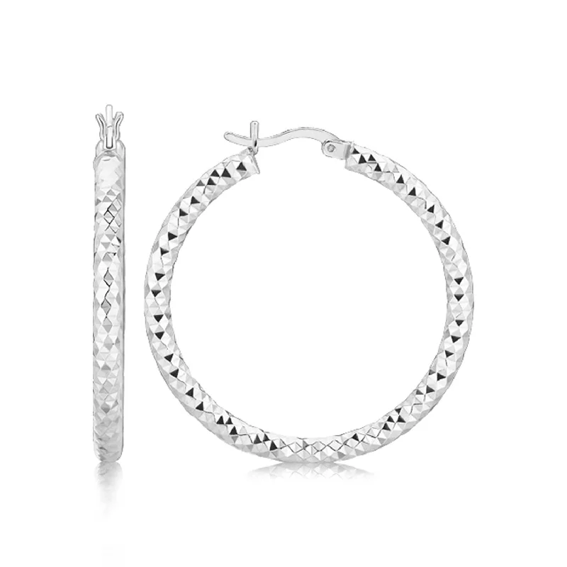 Women's stud earrings-Sterling Silver Faceted Motif Large Hoop Earrings with Rhodium Plating(4x25mm)