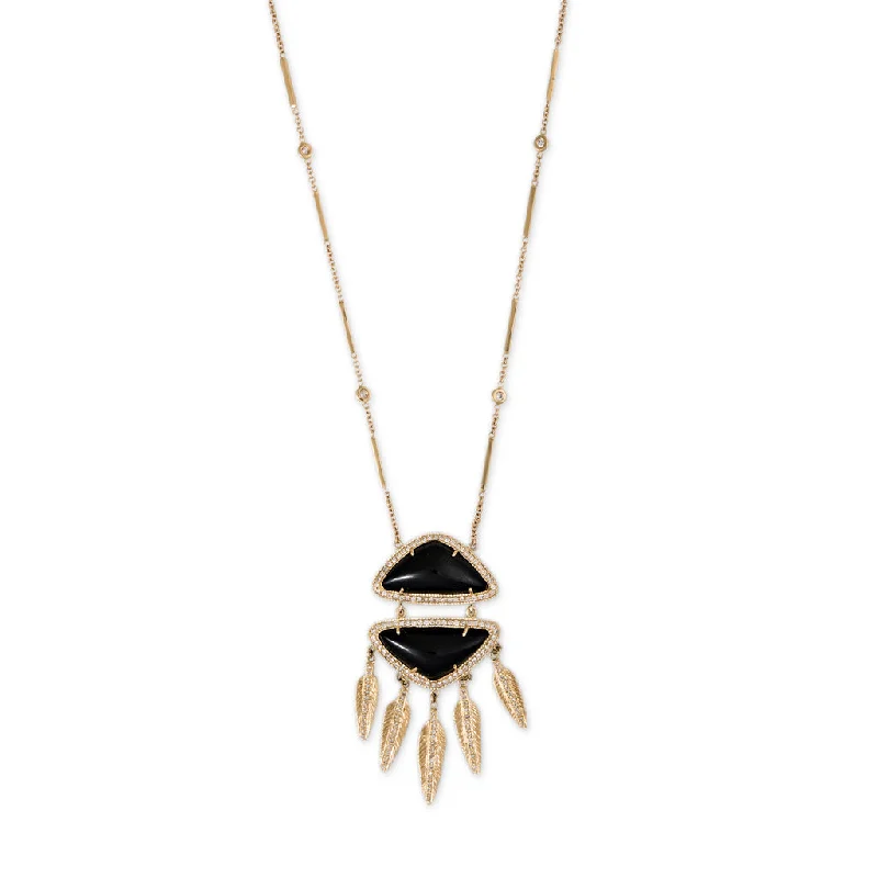 Women's minimalist necklaces-ONYX PAVE DIAMOND DOUBLE TRIANGLE FEATHER SHAKER NECKLACE