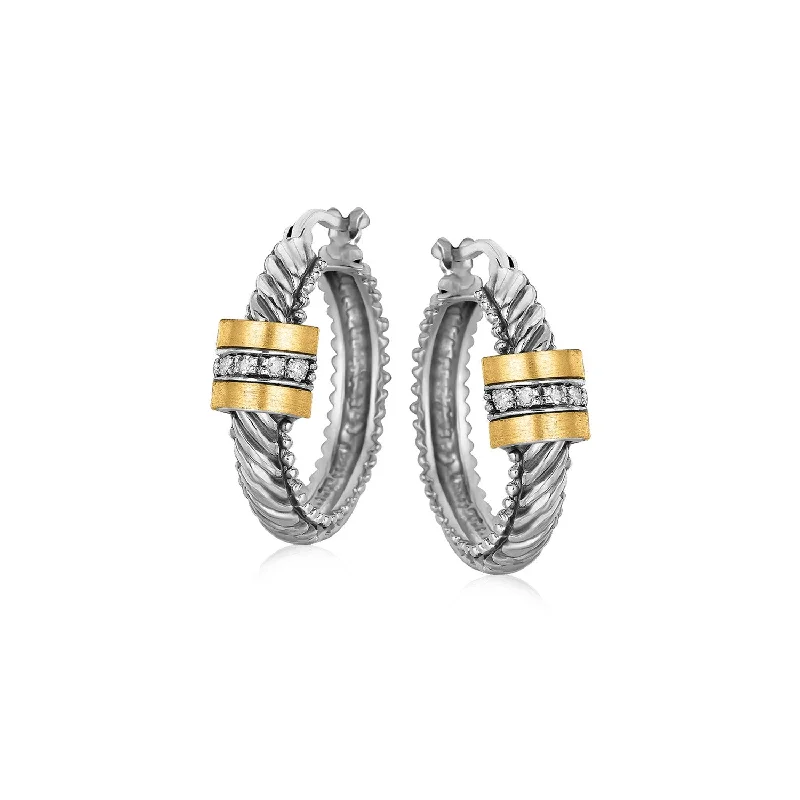 Women's wedding earrings-18k Yellow Gold and Sterling Silver Diamond Italian Cable Style Hoop Earrings