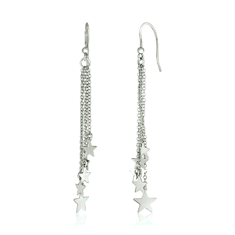 Women's gift earrings-Sterling Silver Tassel Earrings with Polished Stars