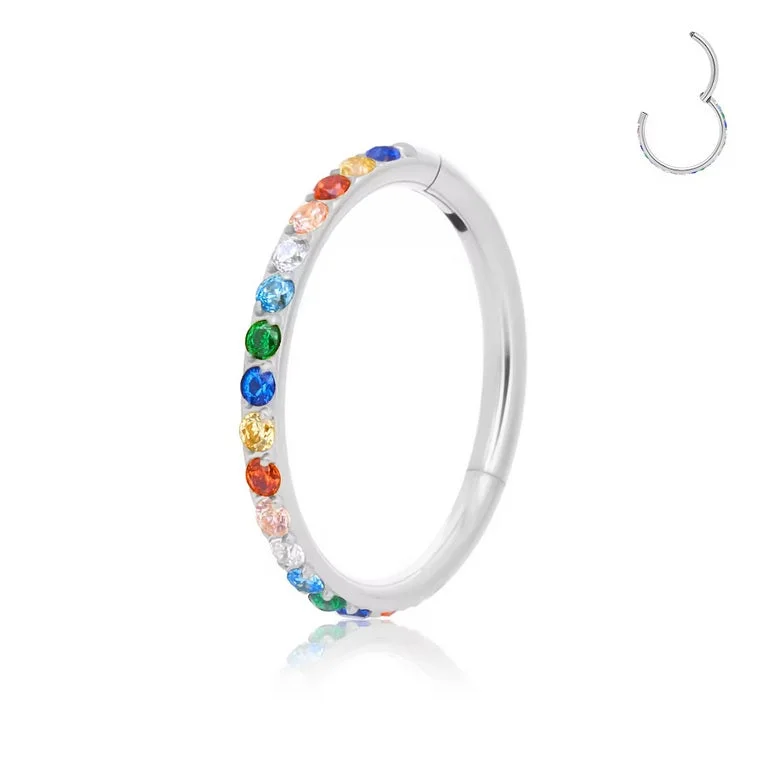 Luxury women's rings-Titanium High Polish Multi-Coloured Jewelled Hinged Ring - TI-502