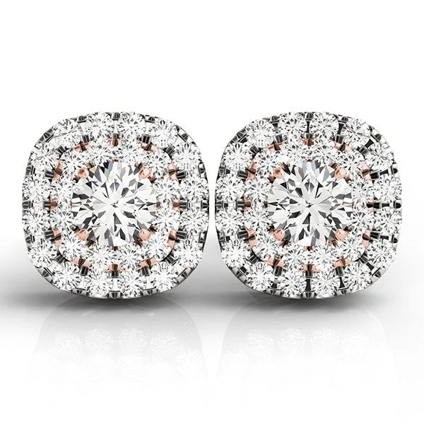 Women's drop earrings-14k White and Rose Gold Cushion Shape Halo Diamond Earrings (3/4 cttw)