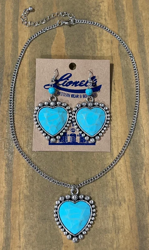 Women's party necklaces-Turquoise Heart Necklace & Earring Set