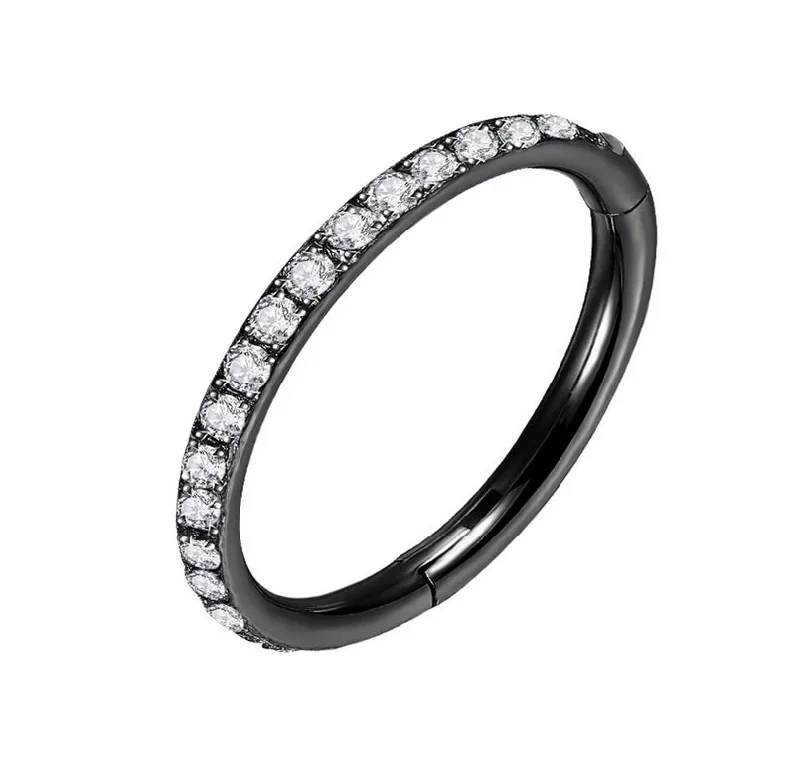 Women's sun rings-Titanium Black Jewelled Hinged Conch Ring 18 Gauge 11mm Diameter - TI-211B