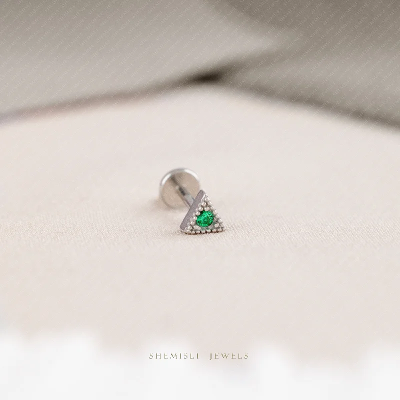 Women's sun earrings-Tiny Triangle Emerald Stone Threadless Flat Back Tragus Stud, 20,18,16ga, 5-10mm, Unisex, Surgical Steel, SHEMISLI SS555