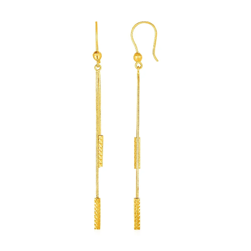 Women's Christmas earrings-Textured Bar Long Drop Earrings in 14k Yellow Gold