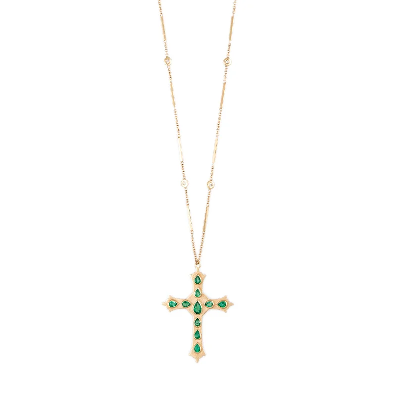 Women's alloy necklaces-LARGE EMERALD TEARDROP GOTHIC CROSS SMOOTH BAR NECKLACE