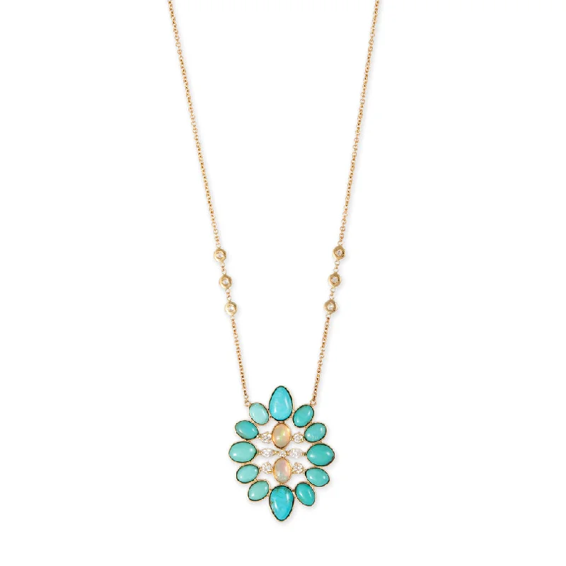 Women's exclusive necklaces-DIAMOND + TURQUOISE OPAL BLOSSOM NECKLACE