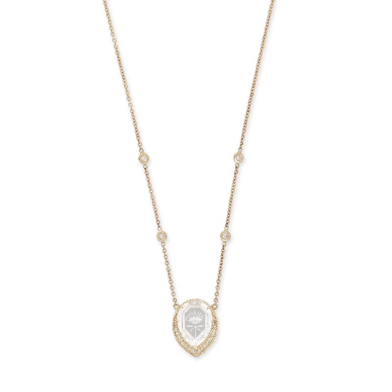 Women's modern design necklaces-SMALL PAVE CARVED EYE BURST CLEAR QUARTZ TEARDROP NECKLACE