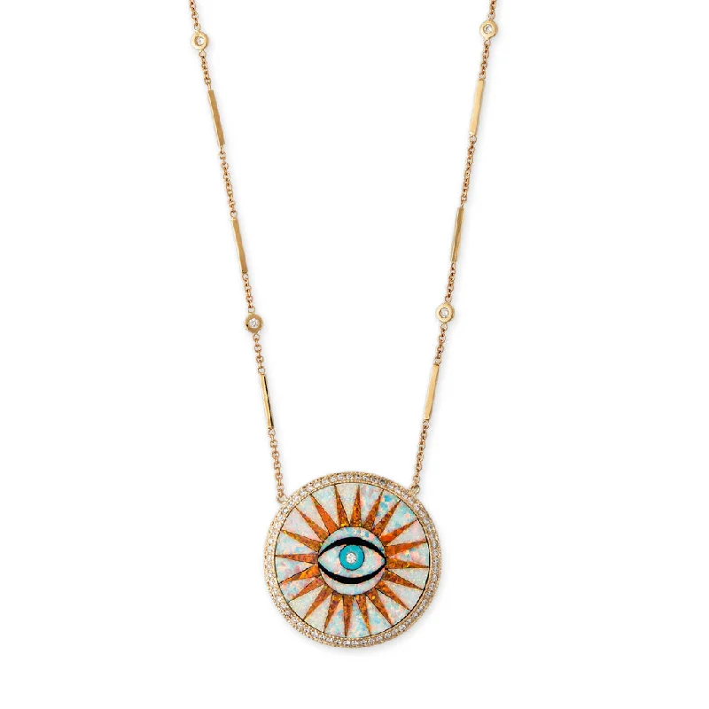 Women's travel necklaces-EYE BURST OPAL/ORANGE INLAY SMOOTH BAR DIAMOND NECKLACE