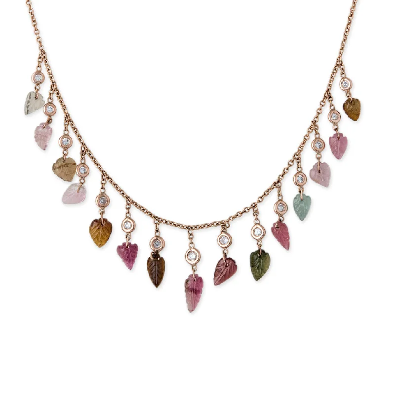 Women's custom engraving necklaces-DIAMOND + TOURMALINE LEAF DROP SHAKER NECKLACE