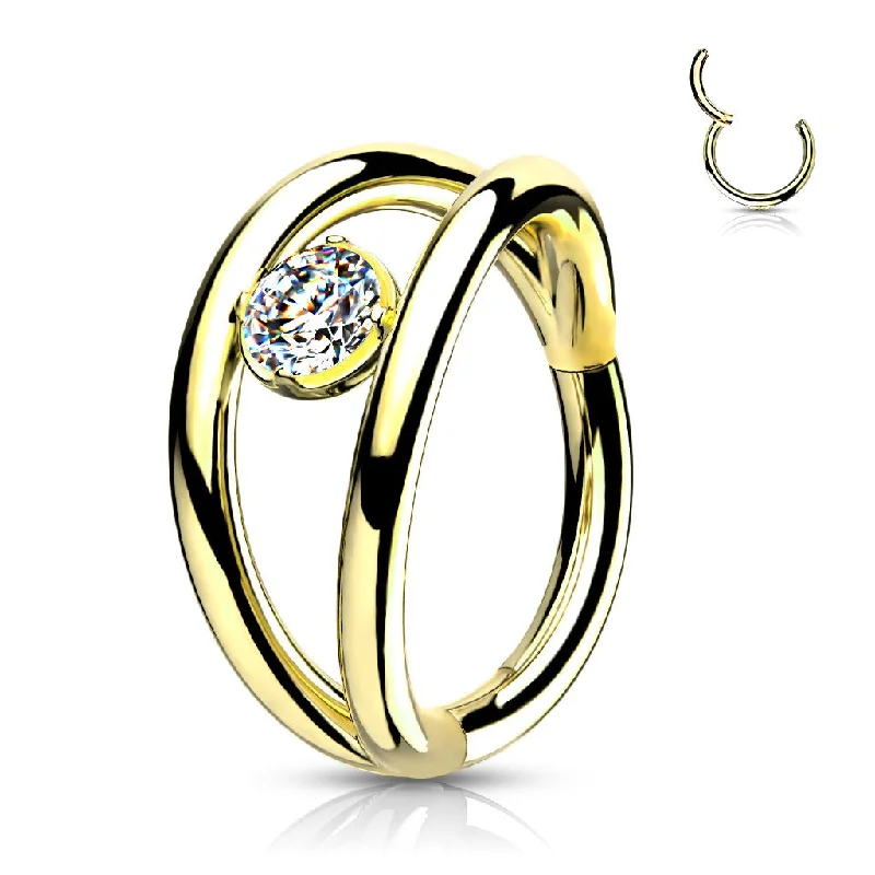 Women's spiritual rings-Gold Jewelled Double Hoop Hinged Segment Ring - E504A