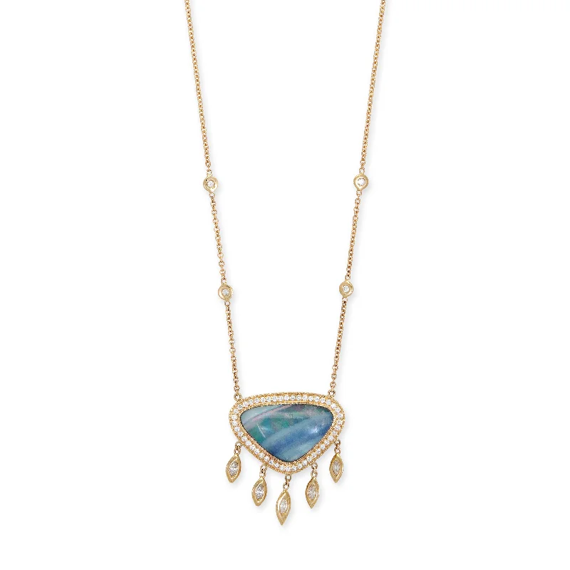 Women's everyday necklaces-PAVE OMBRE BLUE OPAL TRILLION + MARQUISE DIAMOND SHAKER NECKLACE