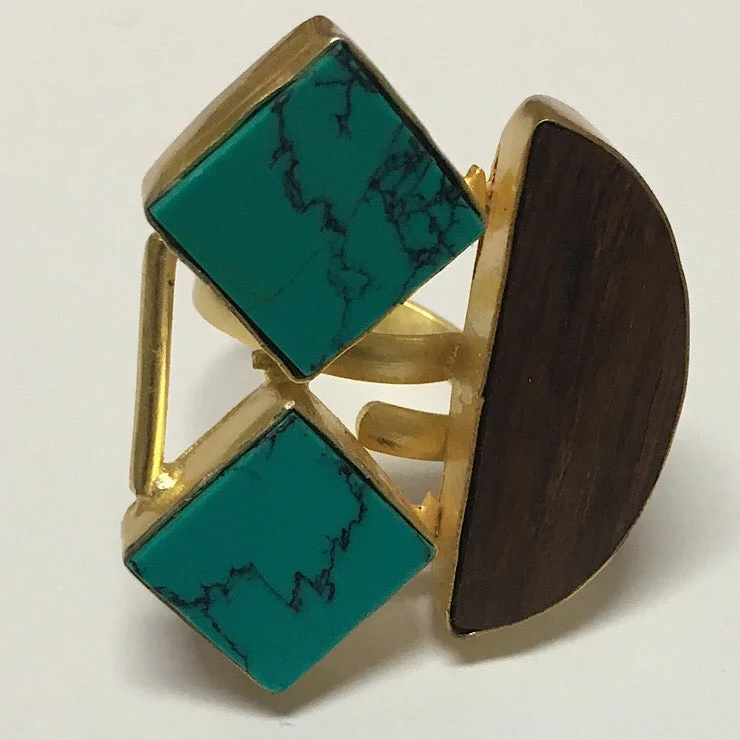 Women's modern design rings-TURQUOISE AND WOOD ADJUSTABLE RING