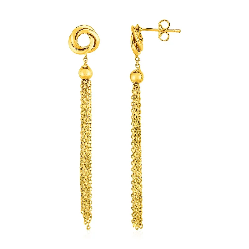 Women's beaded earrings-Earrings with Love Knots and Tassels in 14k Yellow Gold