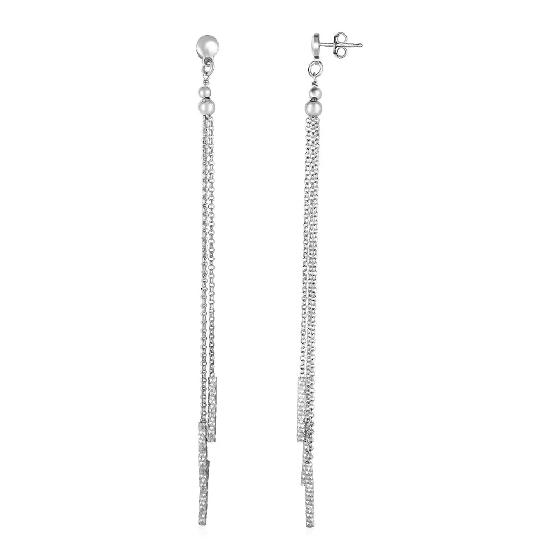 Women's gold earrings-Long Chain Tassel and Textured Bar Drop Earrings in Sterling Silver