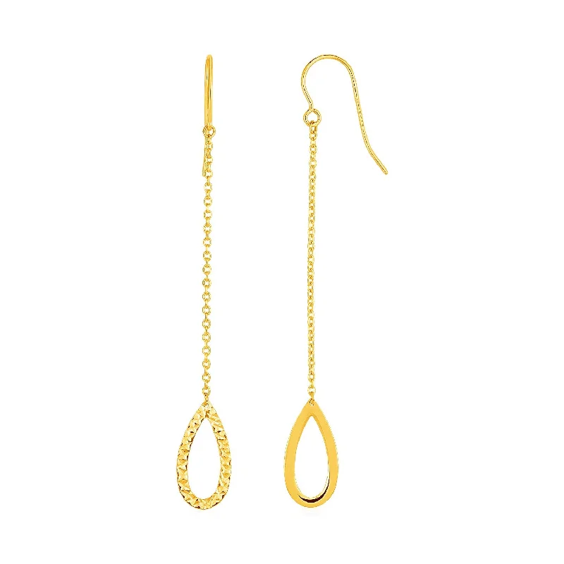 Women's ethical earrings-Textured Pear Shaped Long Drop Earrings in 14k Yellow Gold