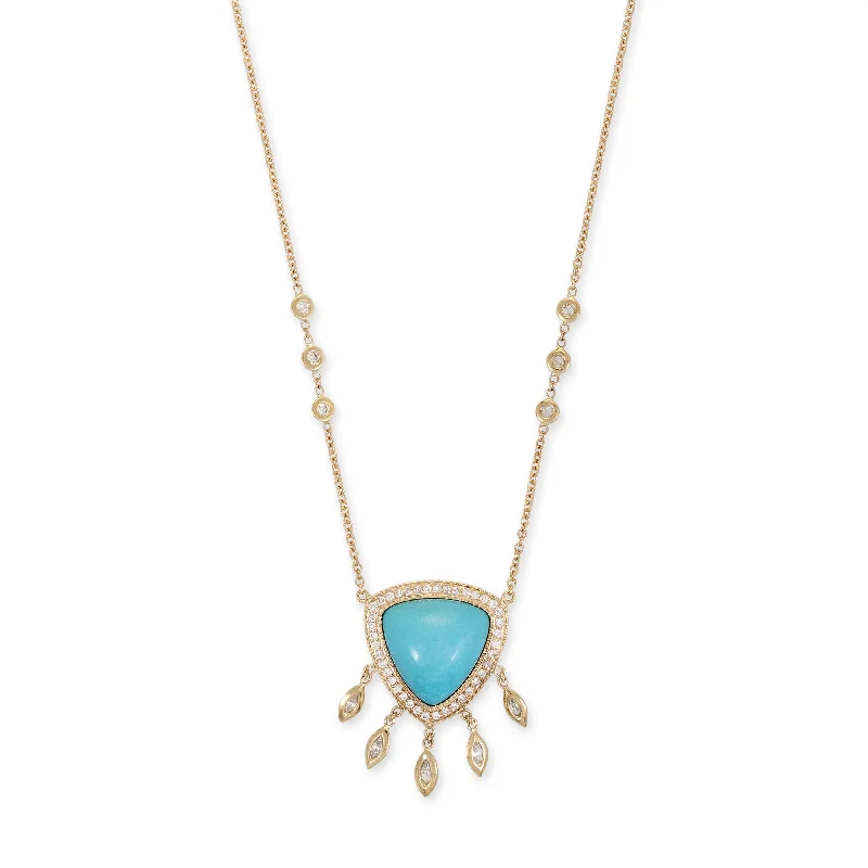 Women's friendship necklaces-PAVE TURQUOISE TRILLION + 5 MARQUISE DIAMOND SHAKER NECKLACE