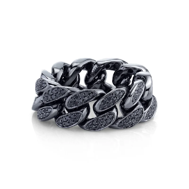 Women's statement rings-MEN'S PARTIAL PAVE BLACK DIAMOND FLAT LINK RING