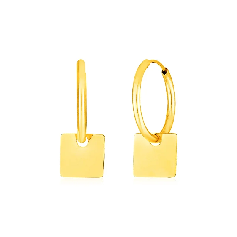 Women's eco-friendly earrings-14k Yellow Gold Huggie Style Hoop Earrings with Square Drops