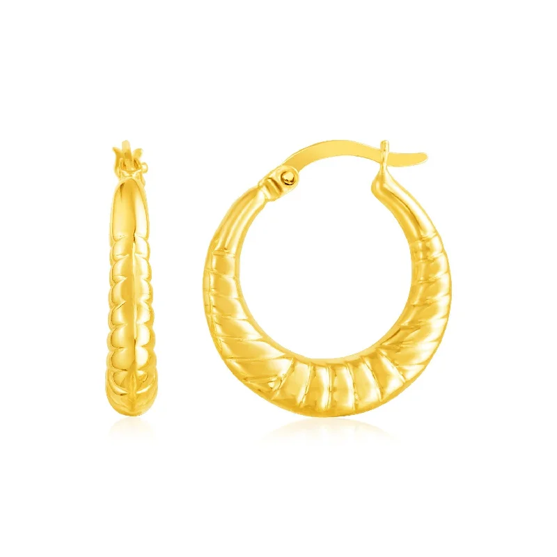 Women's clip-on earrings-14k Yellow Gold Puffed and Scalloped Hoop Earrings