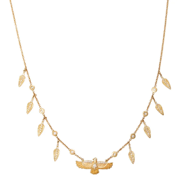 Designer women's necklaces-PAVE MARQUISE DIAMOND CENTER THUNDERBIRD + FEATHER SHAKER NECKLACE