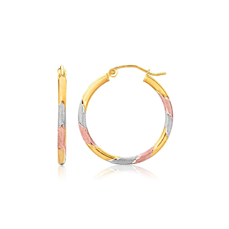 Women's luxury brand earrings-14k Tri-Color Textured Hoop Earrings (2x22mm)