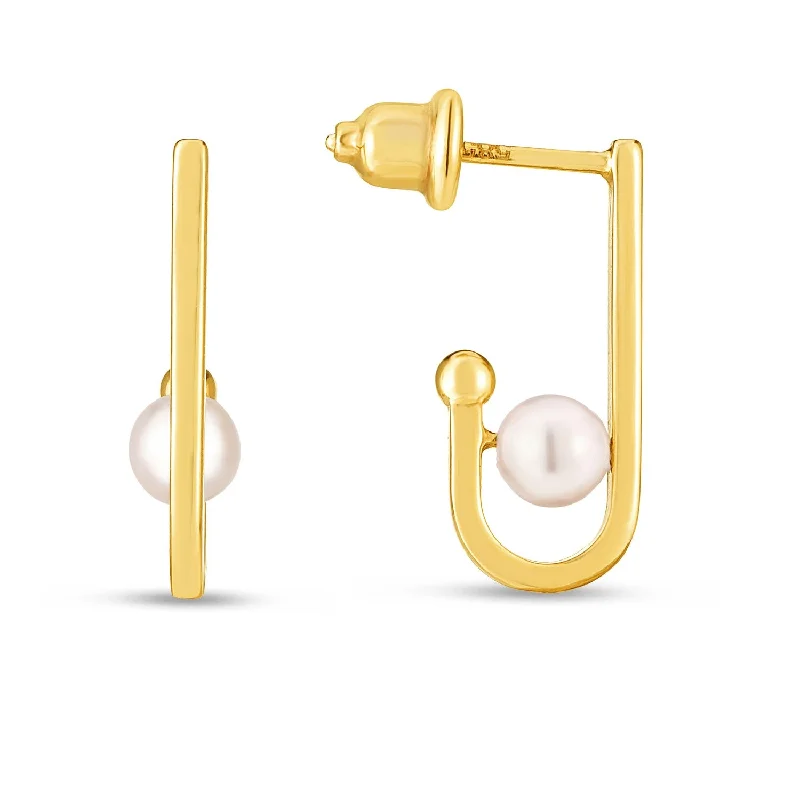 Women's nickel-free earrings-14k Yellow Gold J Hoop Pearl Earrings