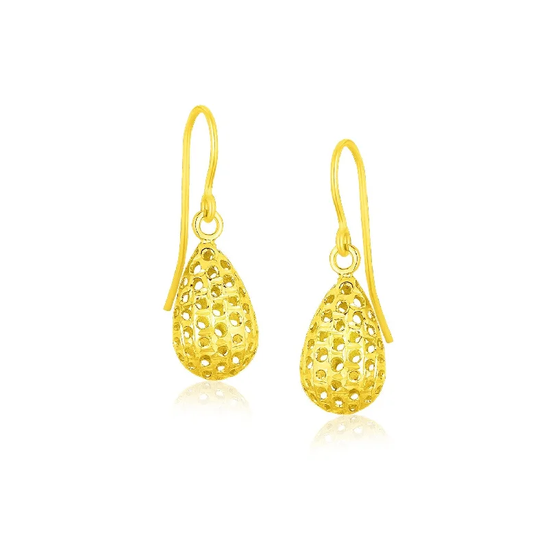 Women's minimalist earrings-14k Yellow Gold Teardrop Drop Earrings with Honeycomb Texture