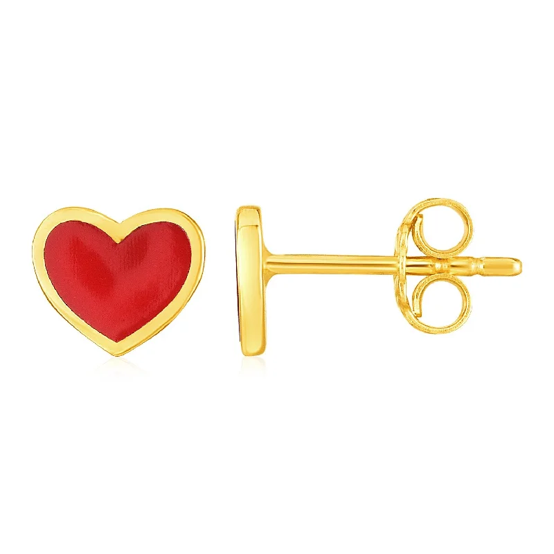 Women's DNA earrings-14k Yellow Gold and Enamel Red Heart Stud Earrings