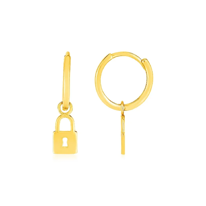 Women's titanium earrings-14k Yellow Gold Huggie Style Hoop Earrings with Padlock Drops