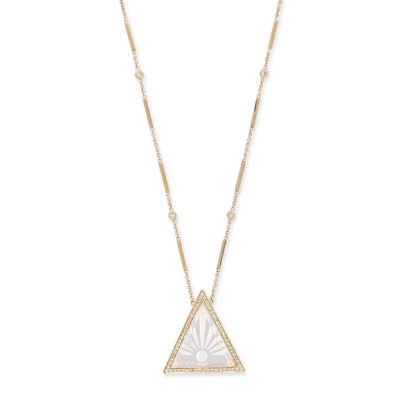 Women's diamond necklaces-LARGE PAVE CARVED SUNSHINE CLEAR QUARTZ TRIANGLE SMOOTH BAR NECKLACE