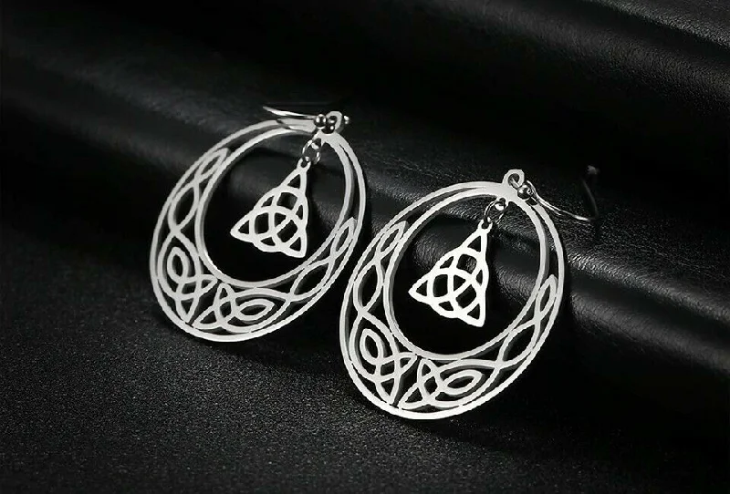 Women's formal earrings-STAINLESS STEEL CELTIC Knot Triquetra Crescent moon  Earrings