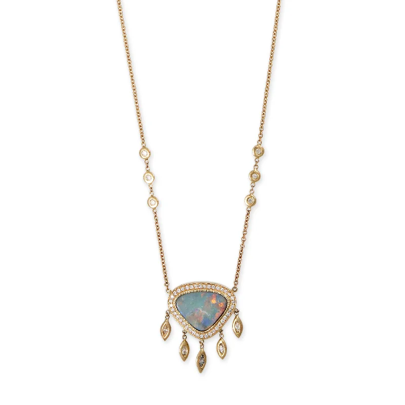 Women's party necklaces-PAVE OPAL TRILLION + MARQUISE DIAMOND SHAKER NECKLACE