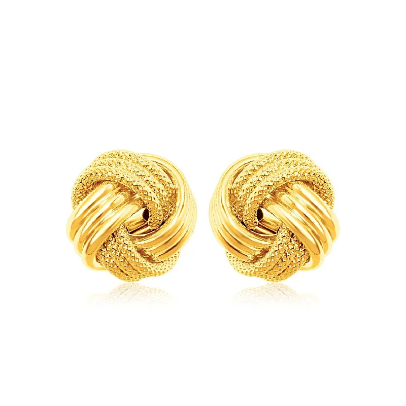 Women's minimalist earrings-14k Yellow Gold Love Knot with Ridge Texture Earrings