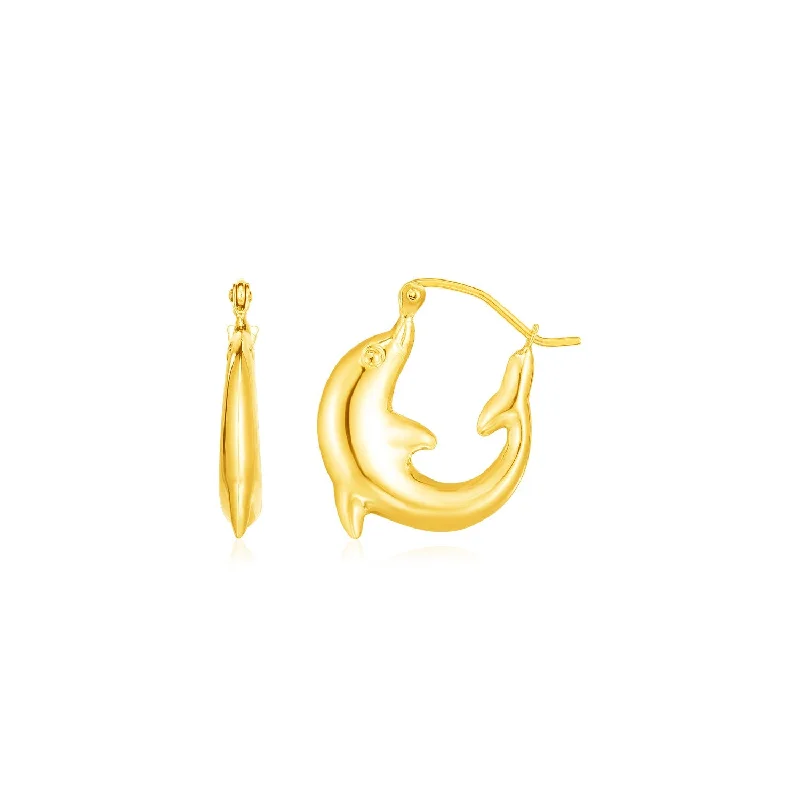 Women's alloy earrings-14K Yellow Gold Dolphin Hoop Earrings