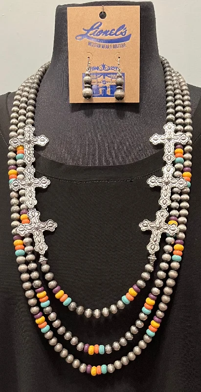 Women's charm necklaces-Triple Strand Navajo Pearl w/ Multi Colors Necklace