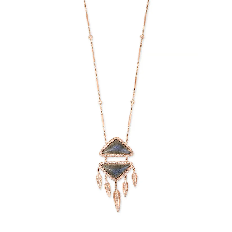 Women's leather necklaces-LABRADORITE PAVE DIAMOND DOUBLE TRIANGLE FEATHER SHAKER NECKLACE