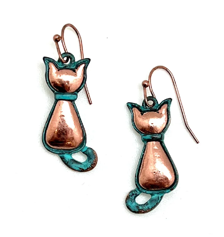 Women's travel earrings-Patina Cat Back Earrings