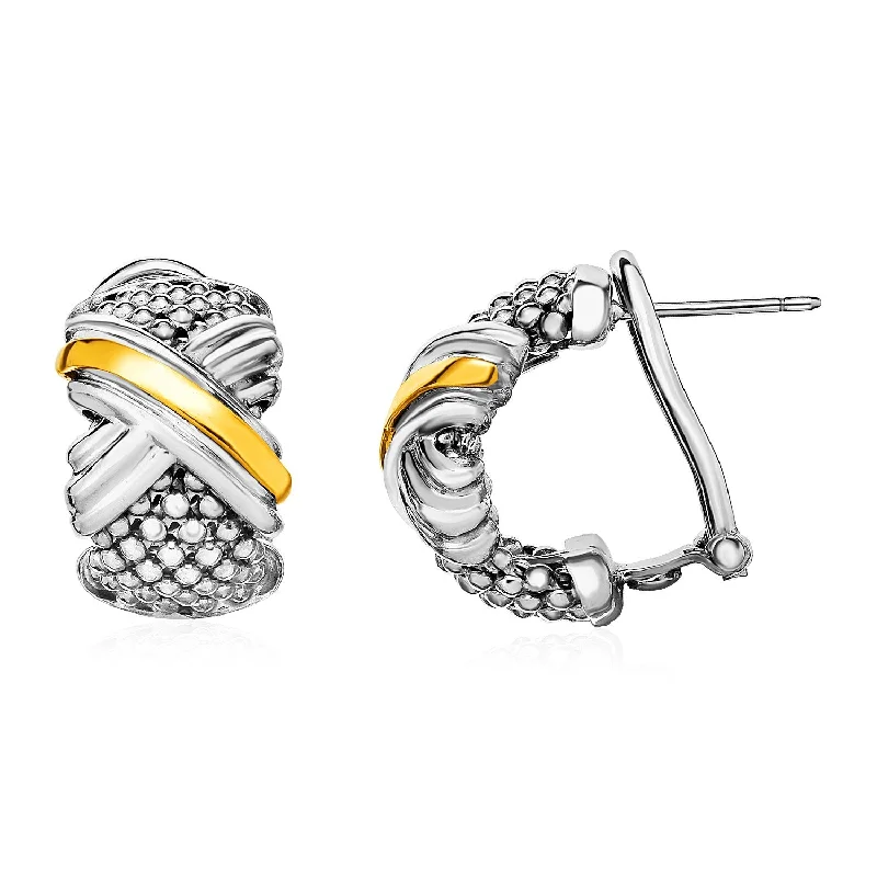 Women's pet memorial earrings-Popcorn Texture Earrings with X Motif in Sterling Silver and 18k Yellow Gold