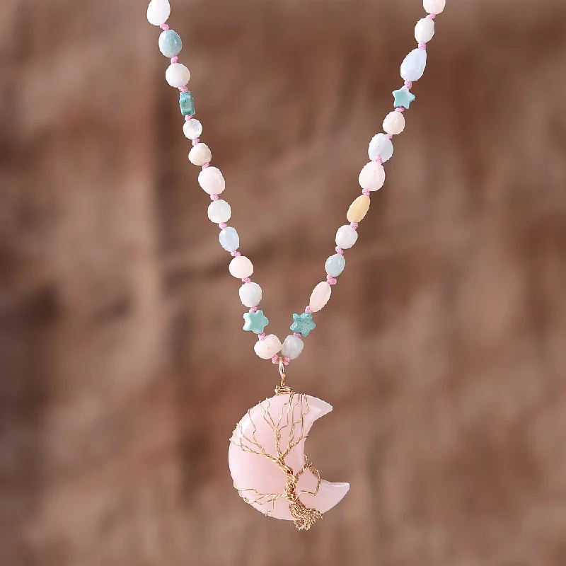 Women's fingerprint necklaces-Loving Moon Rose Quartz Necklace